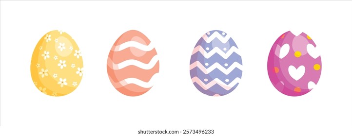 Happy Easter.Set of Easter eggs with different texture on a white background.Spring holiday. Vector Illustration.Happy easter eggs.