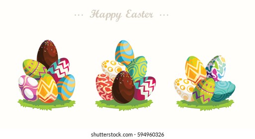 Happy Easter.Set of Easter eggs with different texture.Bright eggs on a glade. Vector.Happy easter eggs