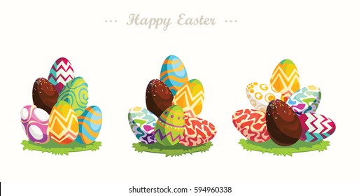 Happy Easter.Set of Easter eggs with different texture.Bright eggs on a glade. Spring holiday.Mountain of eggs.Greeting card.Vector.happy easter eggs