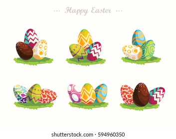 Happy Easter.Set of Easter eggs with different texture.Bright eggs on a glade. Vector.Happy easter eggs