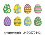 Happy Easter.Set of Easter eggs with different textures on a white background.Spring holiday. Vector Illustration isolated. Happy easter eggs.