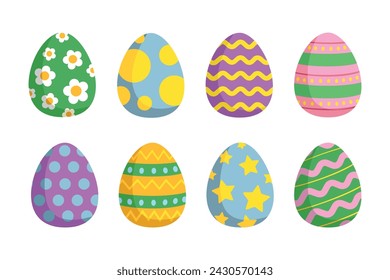 Happy Easter.Set of Easter eggs with different textures on a white background.Spring holiday. Vector Illustration isolated. Happy easter eggs.