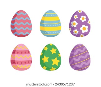 Happy Easter.Set of Easter eggs with different textures on a white background.Spring holiday. Vector Illustration isolated. Happy easter eggs.