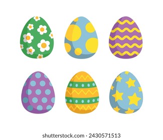 Happy Easter.Set of Easter eggs with different textures on a white background.Spring holiday. Vector Illustration isolated. Happy easter eggs.