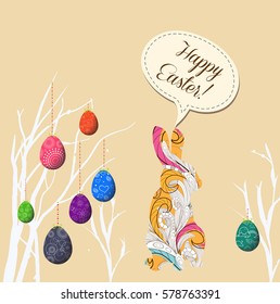happy easter eggs and doodle bunny greeting card