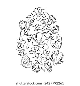  Happy easter eggs doodle hand-drawn coloring book page antistress with a flower pattern. Vector underline  isolated sketch for adults and children. 