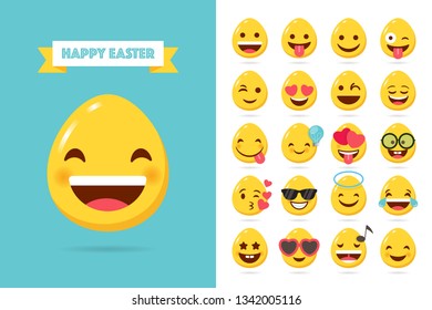 Happy Easter eggs emoticons, emoji set, greeting card