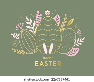 Happy Easter eggs with floral decorative elements and rabbit ears. Flat style. Modern Easter background. Greeting card or poster. Vector illustration