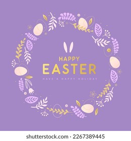 Happy Easter eggs with floral decorative elements and rabbit ears. Flat style. Modern Easter background. Greeting card or poster. Vector illustration