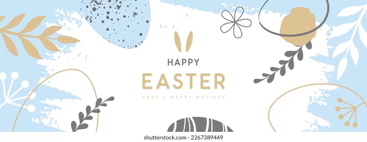 Huevos felices de Pascua con elementos decorativos florales y orejas de conejo. Estilo plano. Moderna historia de Pascua. Tarjeta de saludo o afiche. Ilustración del vector