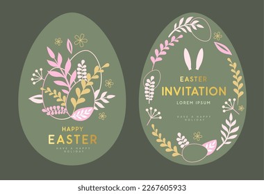 Happy Easter eggs with floral decorative elements and rabbit ears. Invitation design. Flat style. Modern Easter background. Greeting card or poster. Vector illustration