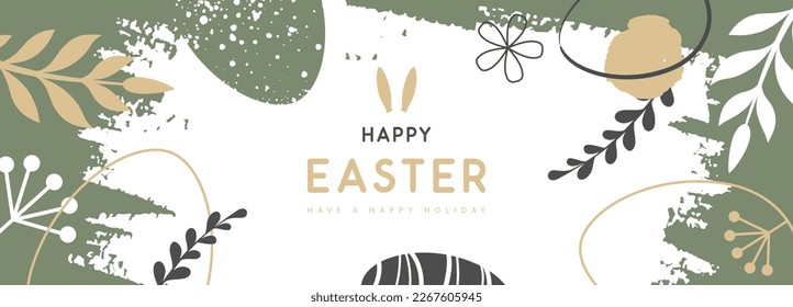 Huevos felices de Pascua con elementos decorativos florales y orejas de conejo. Estilo plano. Moderna historia de Pascua. Tarjeta de saludo o afiche. Ilustración del vector