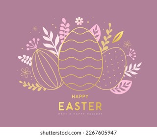 Happy Easter eggs with floral decorative elements. Flat style. Modern Easter background. Greeting card or poster. Vector illustration