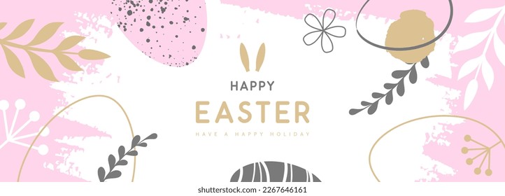 Happy Easter eggs with floral decorative elements and rabbit ears. Flat style. Modern Easter background. Greeting card or poster. Vector illustration