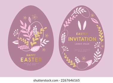 Happy Easter eggs with floral decorative elements and rabbit ears. Invitation design. Flat style. Modern Easter background. Greeting card or poster. Vector illustration