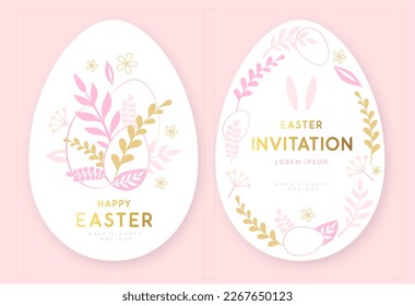 Frohe Ostereier mit floralen Dekorationselementen und Kaninchenähren. Einladungs-Design. Flacher Stil. Moderner Osterhintergrund. Grußkarte oder Poster. Vektorgrafik