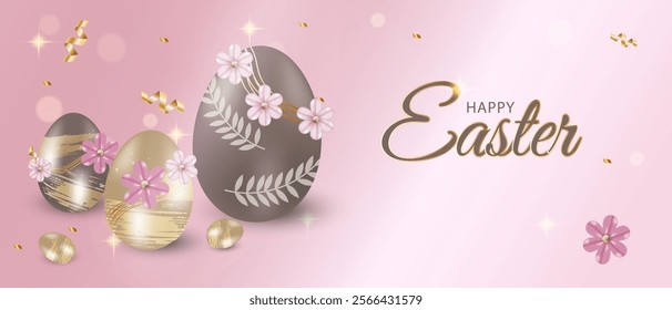 Happy Easter eggs with floral decorative elements. 3 d style. Pink background. Greeting card or poster. Vector illustration
