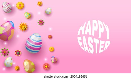 Happy Easter Eggs Flowers Greeting Background. Vector Design Banner Party Invitation Web Poster Flyer Stylish Brochure, Greeting Card Template