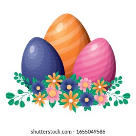 Frohe Ostereier mit Blumen und Blätterdesign, Frühlingsdekoration Feiertage Feiertagsfeiertage Tradition der Festsaison und Festival Thema Vektorillustration Illustration