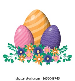 Happy easter eggs with flowers and leaves design, Spring decoration holiday greeting ornament celebration festive season tradition and festival theme Vector illustration