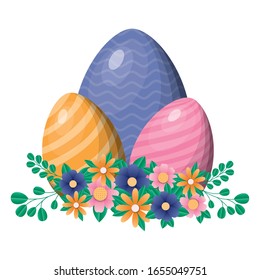 Happy easter eggs with flowers and leaves design, Spring decoration holiday greeting ornament celebration festive season tradition and festival theme Vector illustration