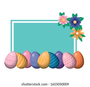 Happy easter eggs flowers and leaves frame design, Spring decoration holiday greeting ornament celebration festive season tradition and festival theme Vector illustration