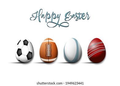 Happy Easter. Eggs in the form of a soccer, football, rugby, cricket ball on an isolated background. Pattern for greeting card, banner, poster, flyer, ad, invitation. Vector illustration