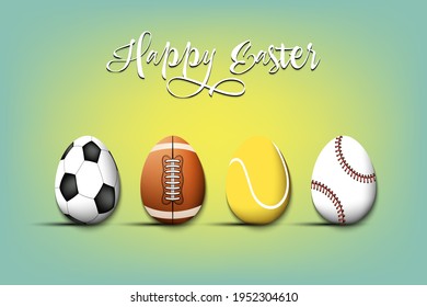 Frohe Ostern! Eier in Form von Fußball, Fußball, Tennis, Baseballball auf isoliertem Hintergrund. Muster für Grußkarte, Banner, Poster, Flyer, Werbung, Einladung. Vektorgrafik