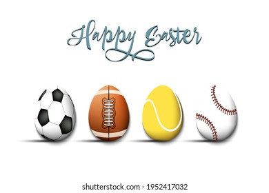 Feliz Pascua. Huevos en forma de fútbol, fútbol, tenis, béisbol en un entorno aislado. Patrón para tarjeta de saludo, banner, afiche, volante, anuncio, invitación. Ilustración del vector