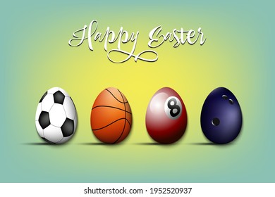 Happy Easter. Eggs in the form of a soccer, basketball, billiard, bowling ball on an isolated background. Pattern for greeting card, banner, poster, flyer, ad, invitation. Vector illustration
