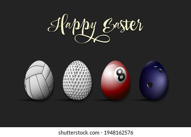 Happy Easter. Eggs in the form of a volleyball, golf, billiard, bowling ball on an isolated background. Pattern for greeting card, banner, poster, flyer, ad, invitation. Vector illustration