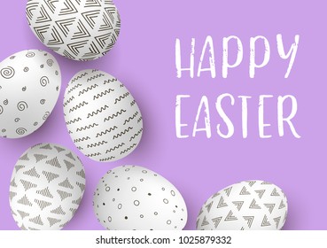 Happy Easter eggs frame with text. White easter eggs with monochrome simple decoration on purple