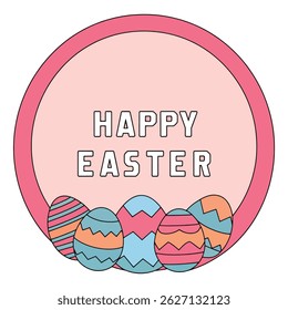 Happy Easter eggs framed by a circular wreath of festive elements in soft pastel tones. Doodle-style vector illustration, perfect for spring events, kids posters, and holiday greetings.
