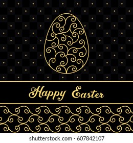 Happy Easter Eggs gold on a black. Easter banner background template with gold contour  eggs. Vector illustration.