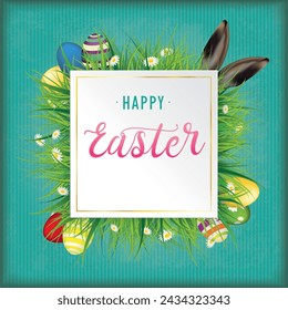 Happy Easter Eggs Grass Frame Emblem Green Vintage Cover. Eps 10 vector file.