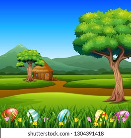 Happy Easter eggs in the grass with nature background