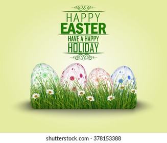 Happy Easter eggs in the grass on isolated green background.Vector