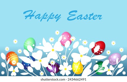 Happy Easter. Easter eggs hidden in grass and white flowers. A postcard, a poster, a flyer, an invitation.