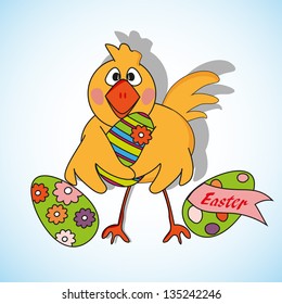 happy easter eggs holding a chick