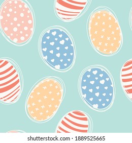 Frohe Ostereier Urlaub nahtlos Muster. Osterfeder, Vektorgrafik. Vektorgrafik-Design in Pastellfarben für Einladungen, Drucke, Umhüllungspapier