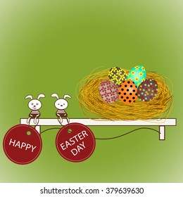 Happy Easter eggs isolated  and bunny on green background.greeting card, invitation card, vector illustration