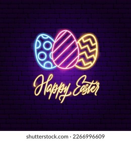 Feliz Sello Neon de Huevos de Pascua. Ilustración vectorial de la Fiesta Religiosa Primavera Cristiana brillante Luz Eléctrica.