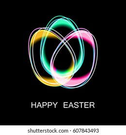 Happy Easter Eggs neon on a black. Easter banner background template with gold contour  eggs. Vector illustration.