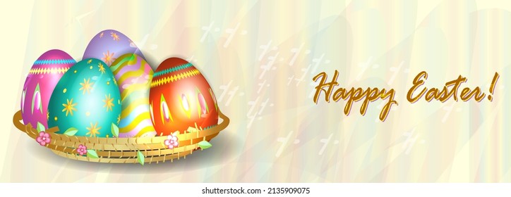 Happy easter. easter eggs in the nest. postcard or banner design template