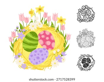 Huevos de Pascua felices en el sistema de dibujos animados del símbolo del nido. Nido de ilustración de Pascua lleno de huevos decorados, flores de primavera, icono de doodle lineal. Vector aislado en el fondo blanco para la invitación de la tarjeta postal