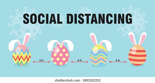 happy Easter eggs for new normal and social distancing infographic protect coronavirus covid 19, cute Easter eggs and ears of bunny, easter day cartoon character flat style on background vector