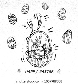 happy Easter Eggs On A Basket Line Art retro style