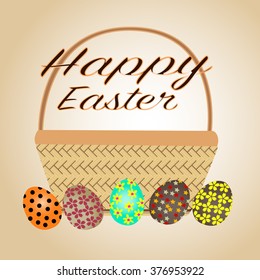 Happy Easter eggs on basket isolated with light yellow background. Happy easter text. vector.