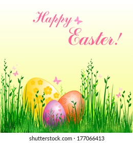 Happy Easter!  Easter eggs on grass.  Vector Illustration