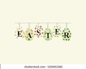 Happy Easter with Eggs on the hanger. Easter Eggs Colorful Vector Logo. Discount Easter Day for sale. Templates for Happy Easter, Background, Greeting Cards, Invitations.